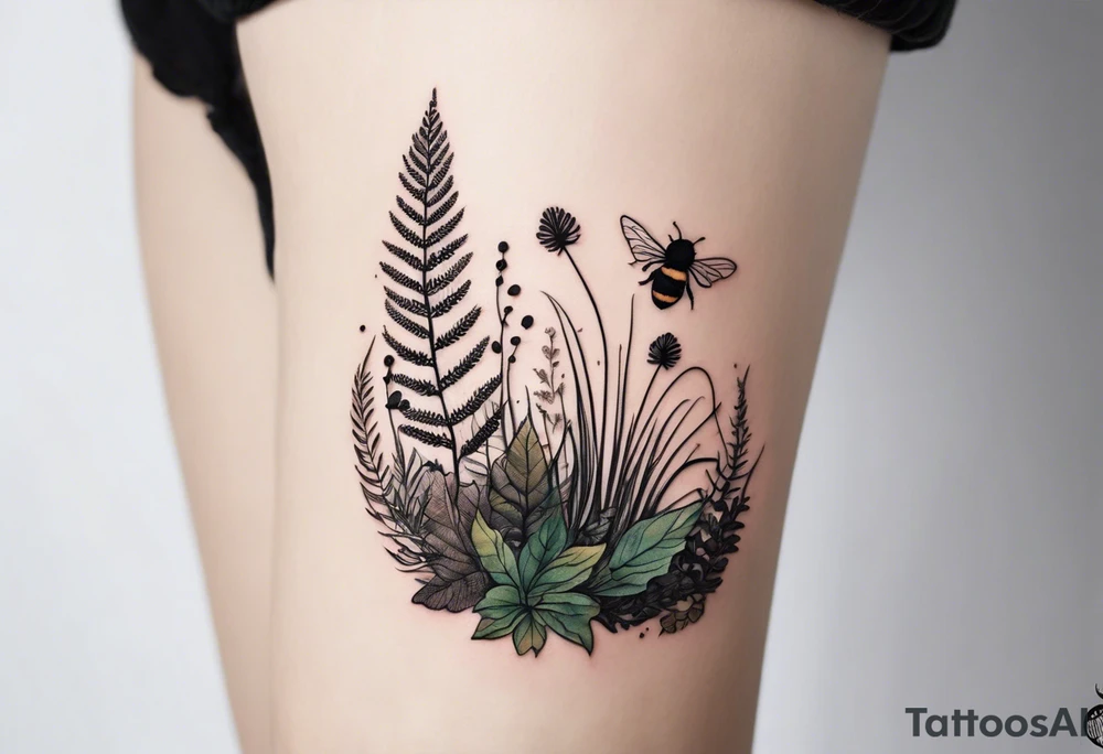 forest floor inspired minimalist tattoo, which includes grass, curly ferns, moss and dead leaves as the bulk of the tattoo. details to include: forest berries, a tiny bumblebee flying nearby, three small brown mushrooms
Generate a vertically long one tattoo idea