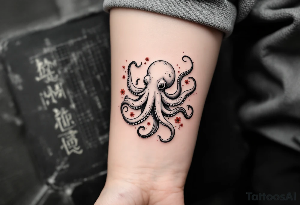 A small realistic black and grey tattoo of an octopus, cute, with detailed shading and soft linework, showing the octopus with swirling tentacles, on light skin. ornamental flowers around with red ink. The style is minimalistic and elegant, resembling fine-line tattoo with a shadow tattoo idea