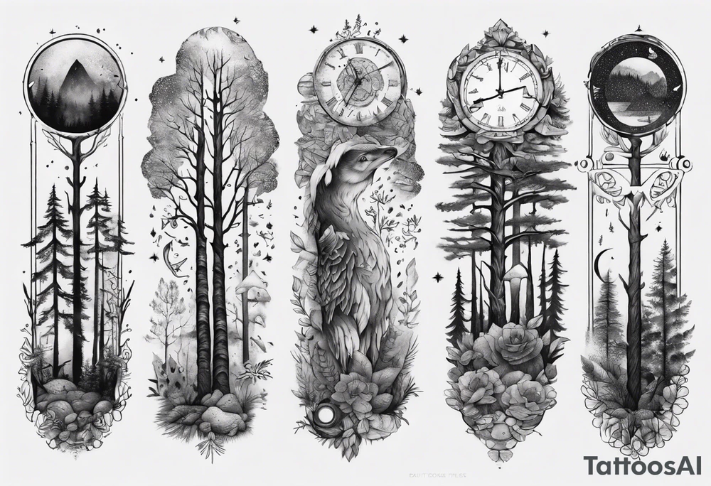 Full arm, Nordic, forest, time, presence tattoo idea