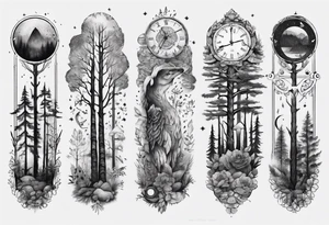 Full arm, Nordic, forest, time, presence tattoo idea