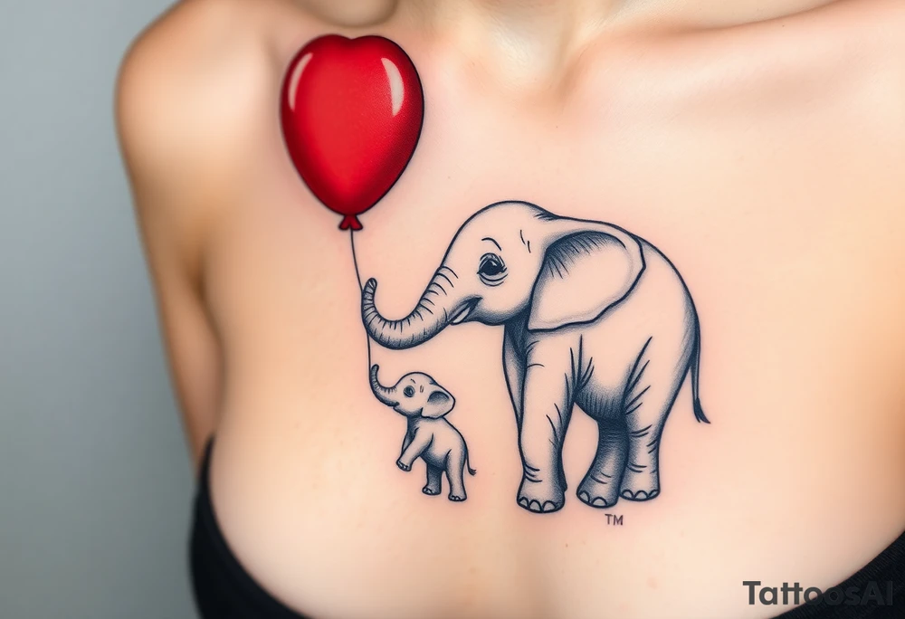 Mother elephant and a baby elephant holding a red balloon with its trunk, symbolizing childhood joy and innocence tattoo idea