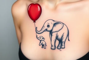 Mother elephant and a baby elephant holding a red balloon with its trunk, symbolizing childhood joy and innocence tattoo idea