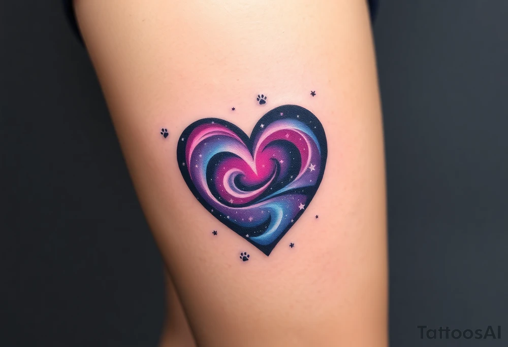 A galaxy-themed heart, filled with swirling deep purple, magenta, and navy blue, dotted with tiny white stars for a mesmerizing space feel and cat paw prints around tattoo idea