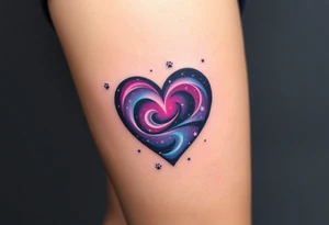 A galaxy-themed heart, filled with swirling deep purple, magenta, and navy blue, dotted with tiny white stars for a mesmerizing space feel and cat paw prints around tattoo idea