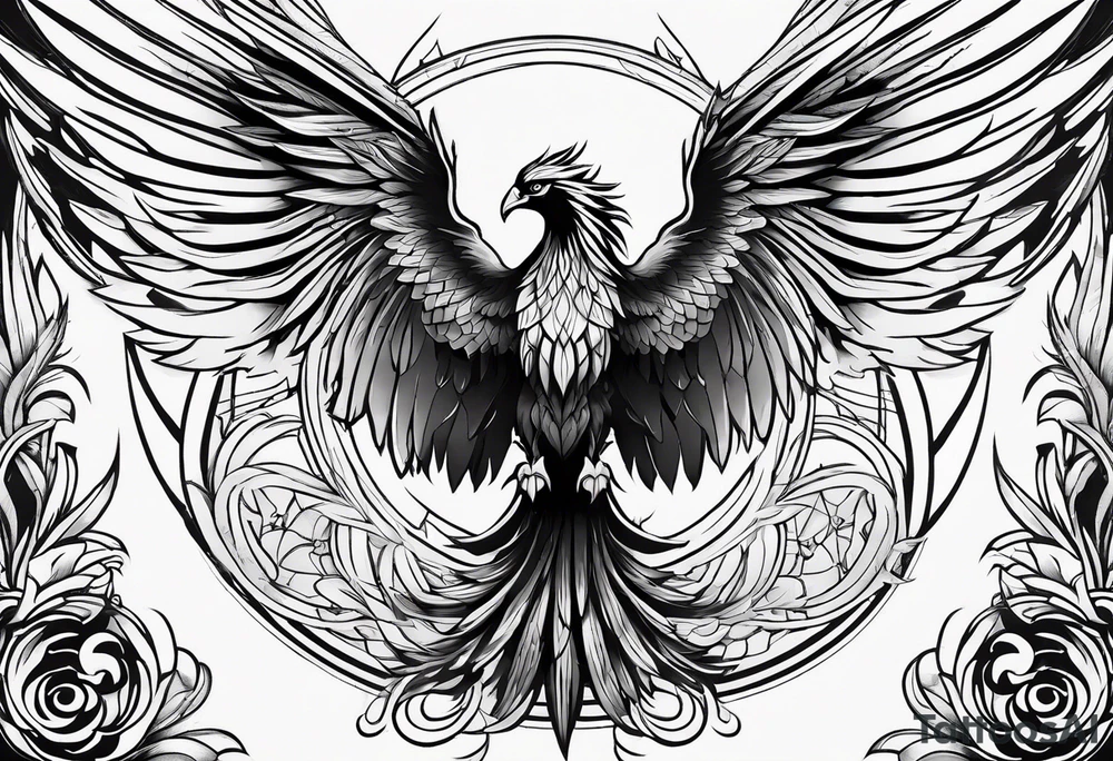a phoenix rising from the ashes and an angel opening its wings on the background tattoo idea
