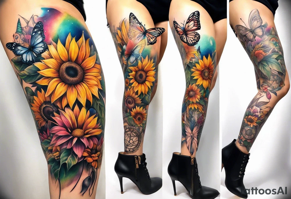 Leg sleeve with dreamcatcher, rainbow sunflowers and one butterfly tattoo idea