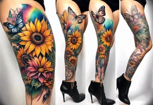 Leg sleeve with dreamcatcher, rainbow sunflowers and one butterfly tattoo idea