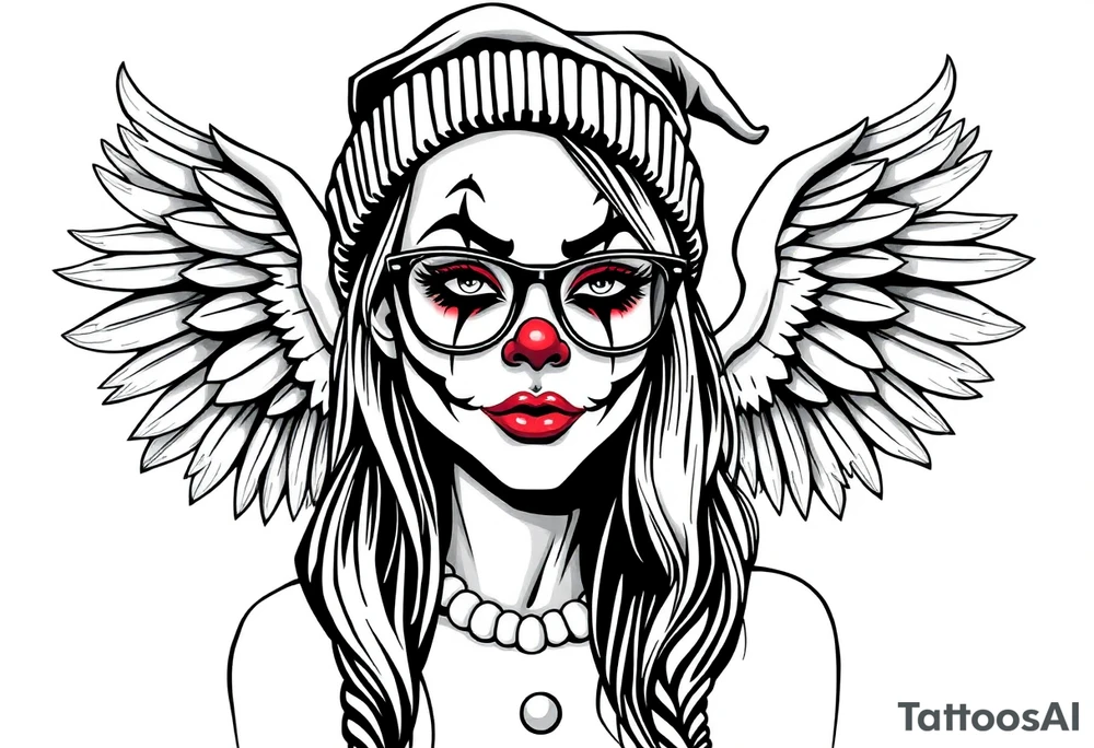 beautiful long hair Clown Girl thug beanie eyeglasses angel wings smoke tattoo idea