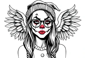 beautiful long hair Clown Girl thug beanie eyeglasses angel wings smoke tattoo idea