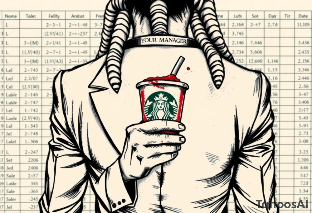 "Anubis in a wrinkled suit, holding a burnt-out Starbucks cup instead of ankh.  
Background: Excel sheet with formulas like *=SUM(LIFE)*.  
Collar tag: *'Hello, my name is: YOUR MANAGER'*.  

Style: Gritty ink sketch. Black/red. Ribs." tattoo idea