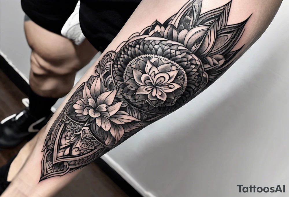 Filigree men’s leg tattoo tattoo idea