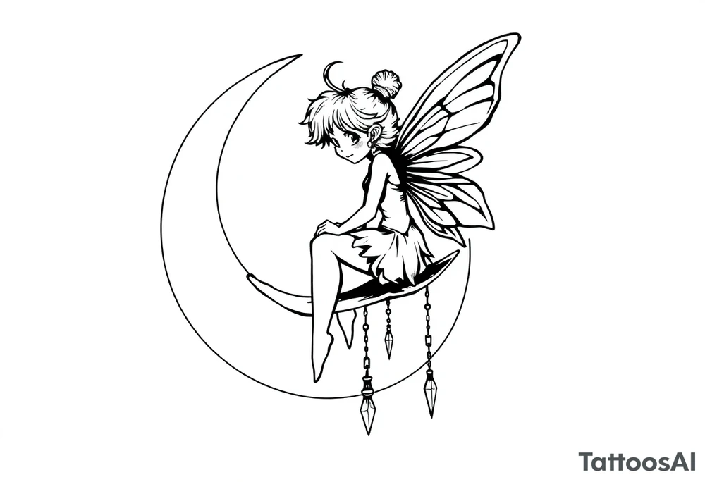 Fairy sitting on moon with dangles tattoo idea