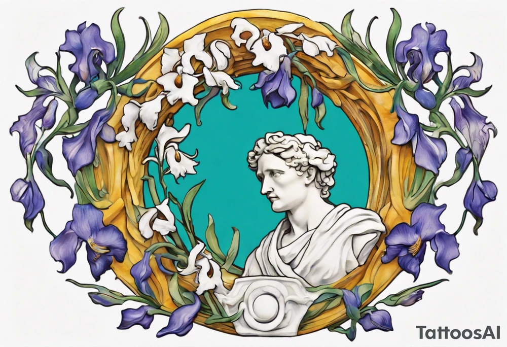 Create a colorful Vincent van Gogh Irises tattoo with an ancient Greek female statue in the middle in white marble. The tattoo should take the form of a crescent, with vines gracefully intertwining at a central point in the middle of the wreath.  The intended placement is on the upper chest. The overall design should be small in size while maintaining a delicate and artistic aesthetic. Pay attention to the graceful flow of the vines and the placement of the irises to achieve a refined and elegant look. tattoo idea