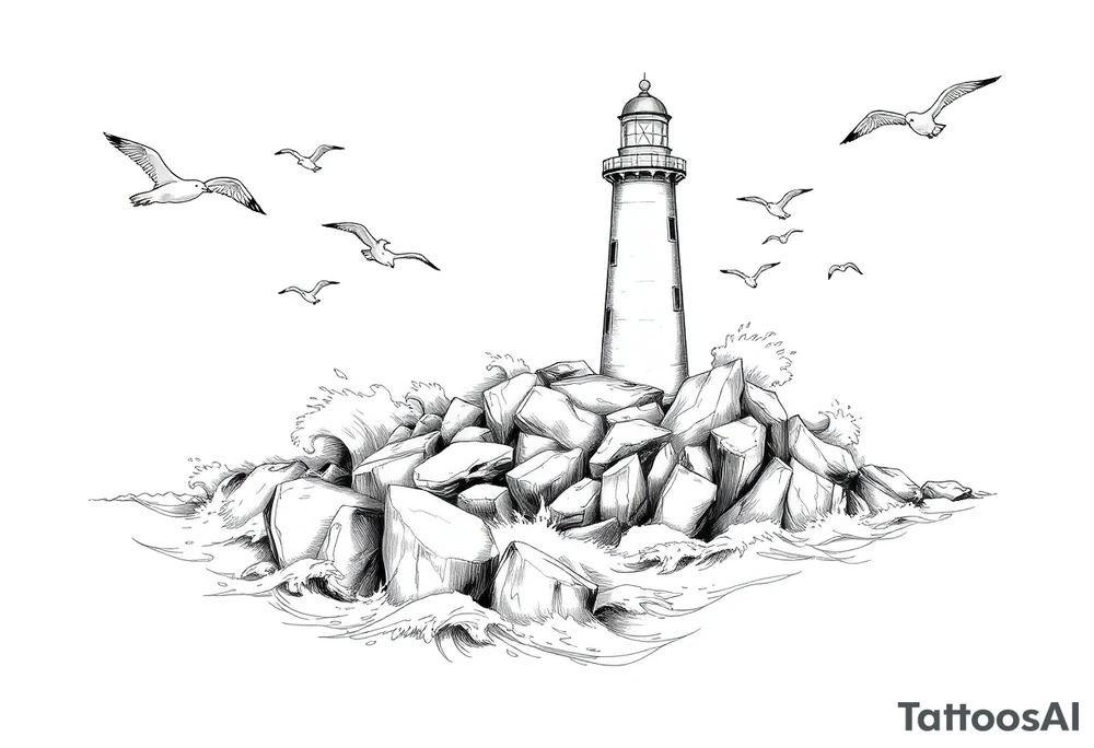 Lighthouse surrounded by boulders in the sea with high waves and seagulls flying around tattoo idea