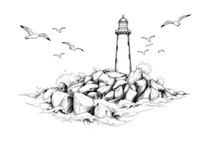 Lighthouse surrounded by boulders in the sea with high waves and seagulls flying around tattoo idea