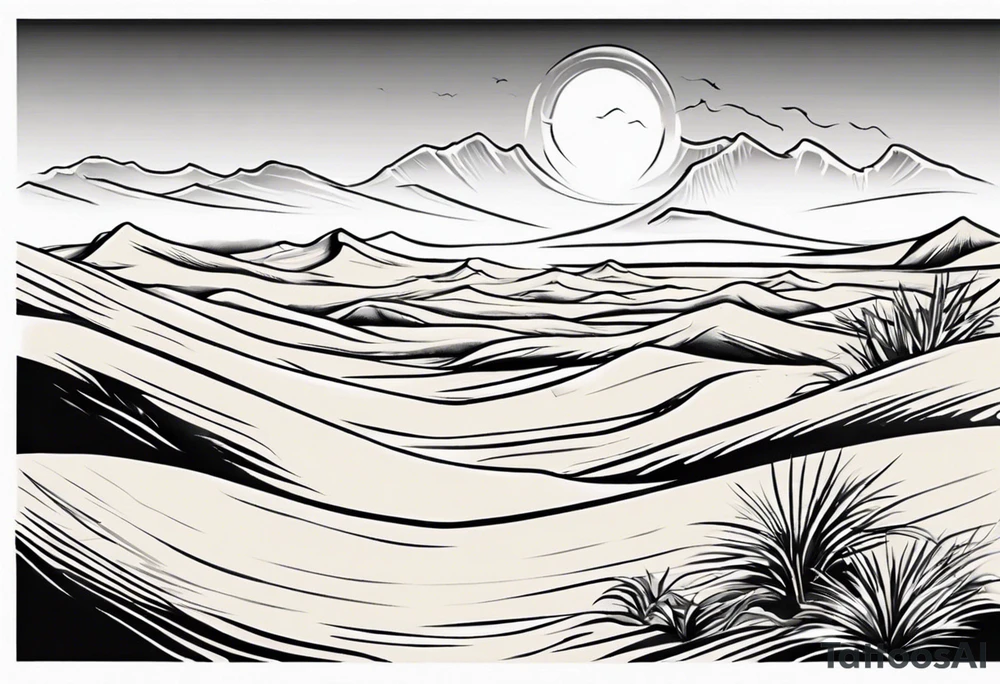 "Design a tattoo depicting a distant view of a vast desert landscape with low, undulating sand dunes. tattoo idea