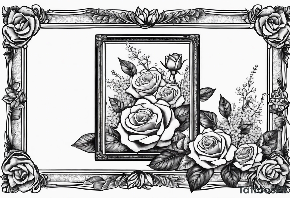 Vintage picture frame inthe picture frame there are roses and baby’s breath flowers tattoo idea