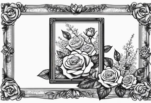 Vintage picture frame inthe picture frame there are roses and baby’s breath flowers tattoo idea