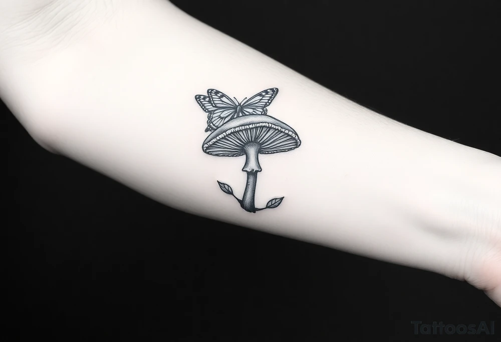 mushroom with 2 butterflies above it on your lower inner arm tattoo idea