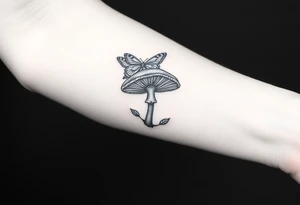 mushroom with 2 butterflies above it on your lower inner arm tattoo idea