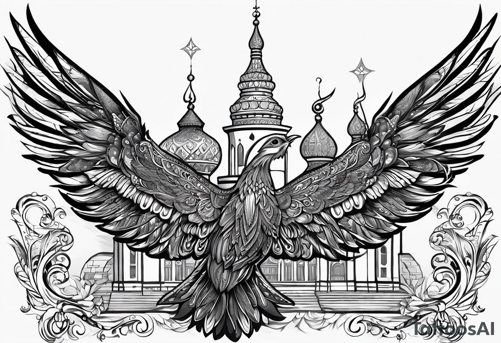 russian firebird in-flight with long fancy tail and 3 small onion cap monastery towers in background, with "Isaiah 43: 18-19" tattoo idea