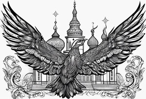 russian firebird in-flight with long fancy tail and 3 small onion cap monastery towers in background, with "Isaiah 43: 18-19" tattoo idea