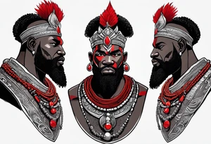 african god of war,  wearing a small metalic silver crown and wearing a red necklace tattoo idea