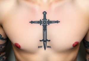 Russian inspired cross looking sword under nipple line with “EST 2001” below the sword under belly button tattoo idea