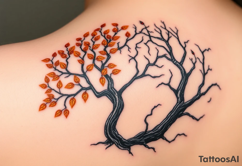 A tree of life with golden leaves, flourishing on one side, symbolizing growth and harmony, juxtaposed against a barren black tree with twisted branches and deep red eyes peering through the shadows, signifying decay and destruction tattoo idea