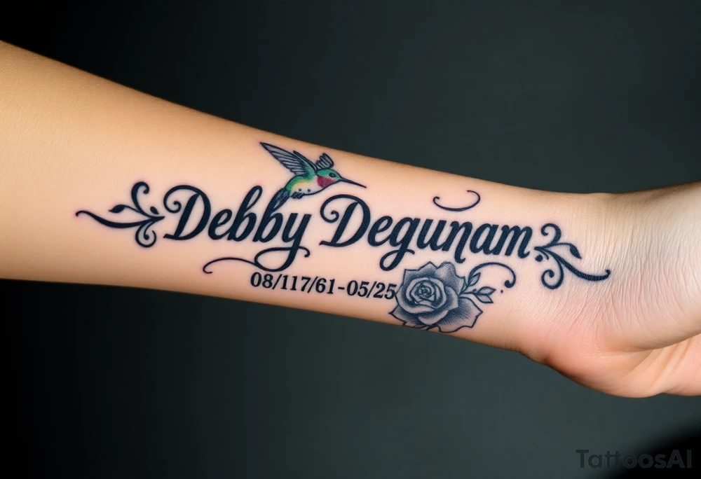 Tattoo of the exact name Debby Deguzman in chunky bold curly cursive with the exact dates of 08/17/61-05/29/25 surrounded by 1 hummingbird and 1 rose tattoo idea