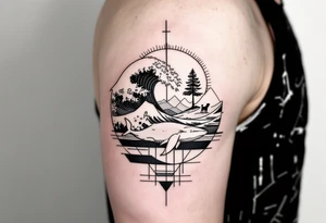 Fine line powerful ocean half sleeve with a wave, a whale, a Joshua tree, and a dog as separate elements connected by geometric patterns tattoo idea