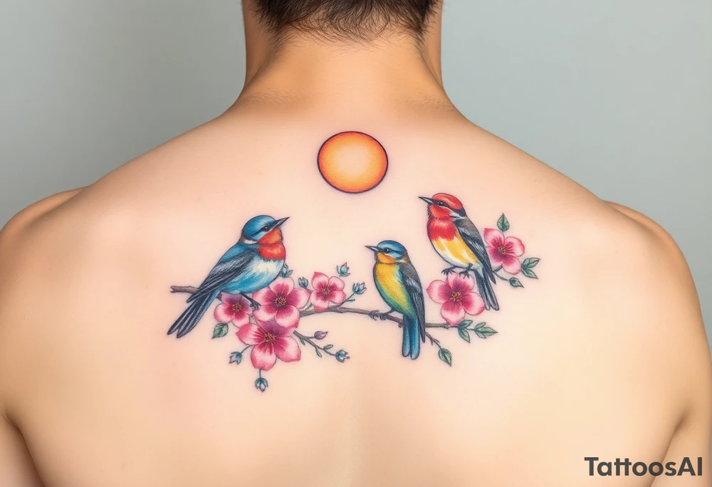 Four birds, flowers, branch, sun tattoo idea