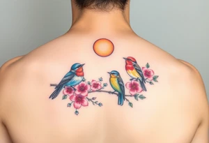 Four birds, flowers, branch, sun tattoo idea