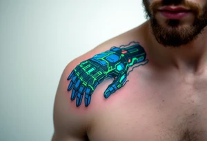 A futuristic robotic glove illusion in matte black and cobalt blue, with neon green circuit tracings. tattoo idea