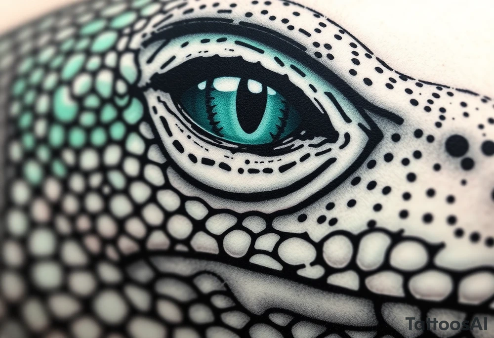 "A hyper-detailed close-up of a lizard eye, realistic scales texture, emerald green and black ink style, small tattoo design (3-5 cm), sharp lines, stippling shading, minimalist background, high contrast, suitable for forearm or wrist. Trending on Pinterest, Behance. Do not include full face, only the eye area. tattoo idea
