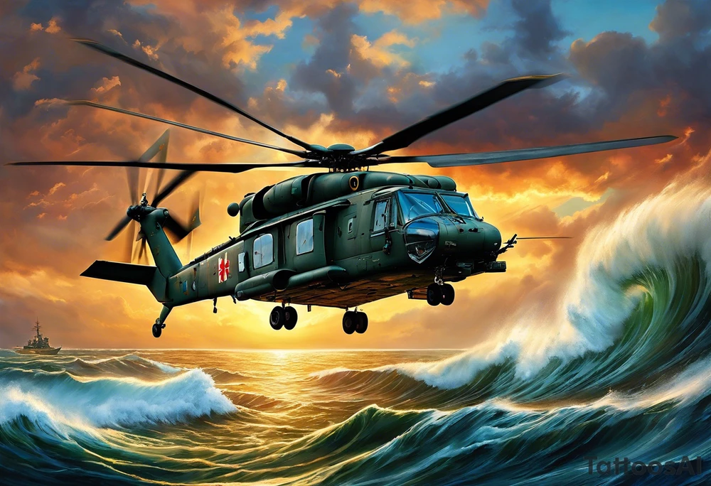A cinematic-style tattoo depicting a Canadian military CH-148 Cyclone helicopter performing a daring maneuver over a turbulent ocean. The sky should be filled with dramatic clouds, and the sun should be setting, casting long shadows. The helicopter should be the main focus, with intricate details and a sense of motion. In the background, a poppy should be prominently displayed, and a quote from 'Lest We Forget' should be included, black and white tattoo tattoo idea