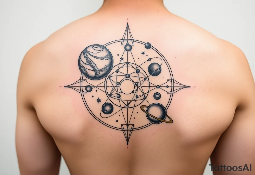 Lower arm sleeve, outer space, planets, geometry, string theory tattoo idea