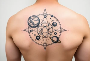 Lower arm sleeve, outer space, planets, geometry, string theory tattoo idea