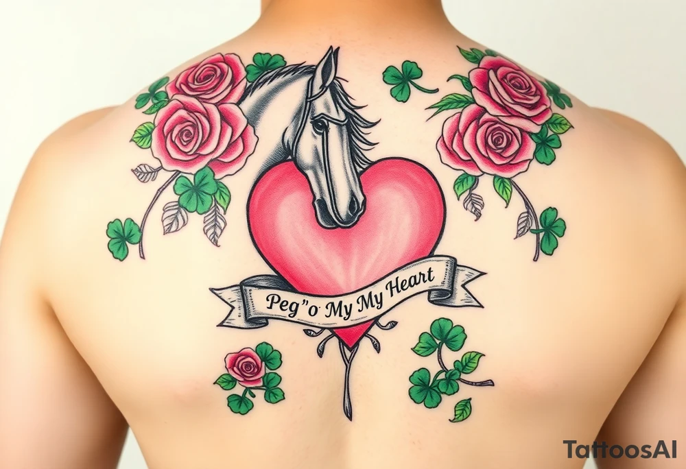 A lot of green shamrocks & red roses, horse with a big Pink heart and a banner across the heart that says Peg 'o My Heart tattoo idea