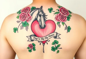 A lot of green shamrocks & red roses, horse with a big Pink heart and a banner across the heart that says Peg 'o My Heart tattoo idea