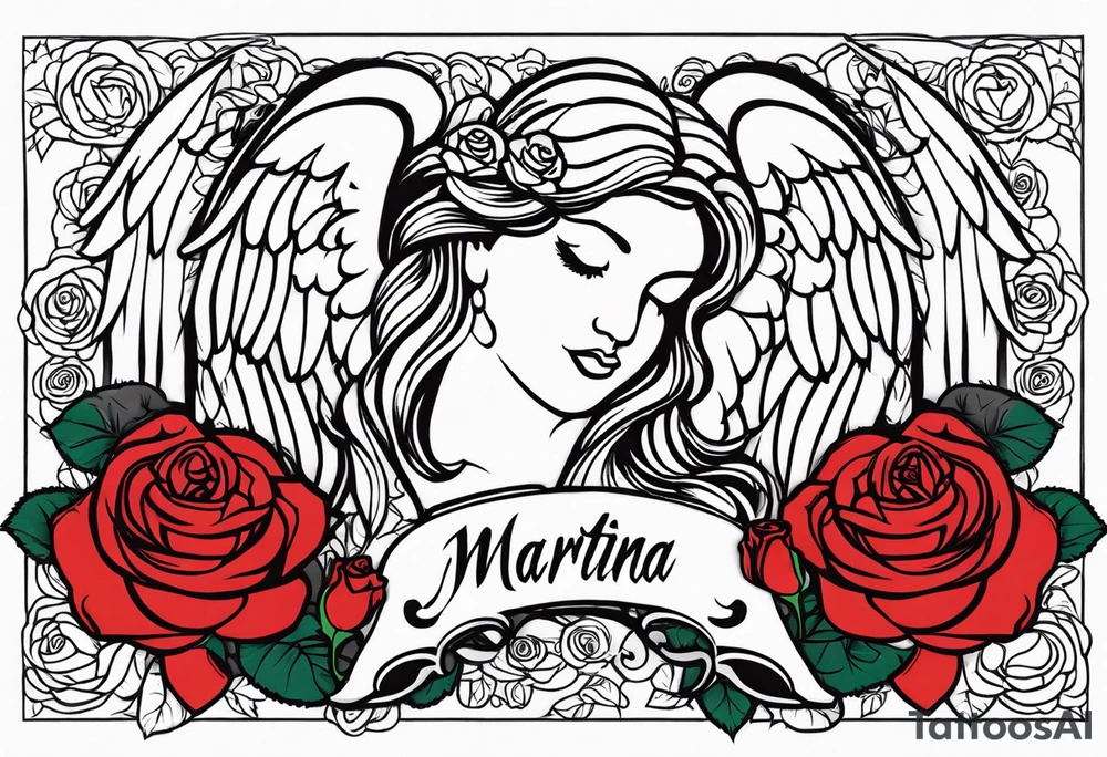 Angel, roses, name MARTINA tattoo idea