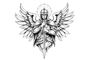 Holy Archangel, Biblical, Christianity, Guards of Christianity, Holding a sword, has six wings, wearing helmet, halo, seraphim tattoo idea