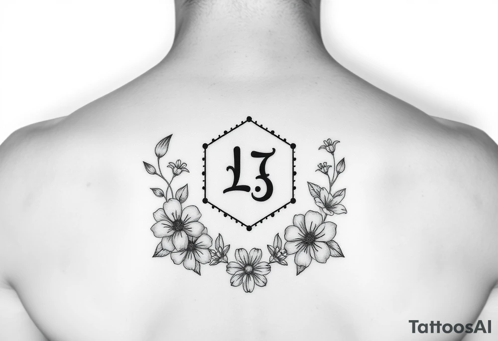 Small Feminine simple Dotted Line hexagon with Leo astrological symbol surrounded by larkspurs and water lilies tattoo idea