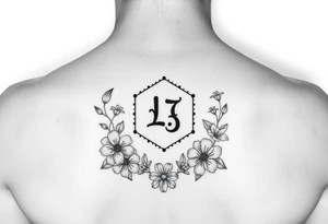 Small Feminine simple Dotted Line hexagon with Leo astrological symbol surrounded by larkspurs and water lilies tattoo idea