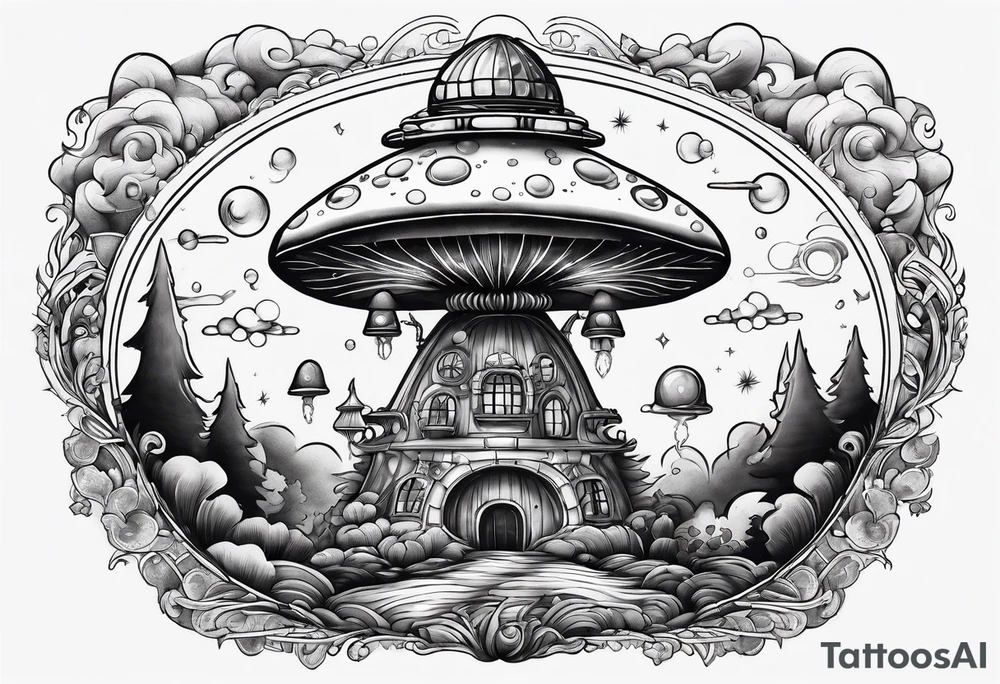 thin mushroom rocketship with fire coming out the bottom bursting out of bubble tattoo idea