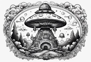 thin mushroom rocketship with fire coming out the bottom bursting out of bubble tattoo idea