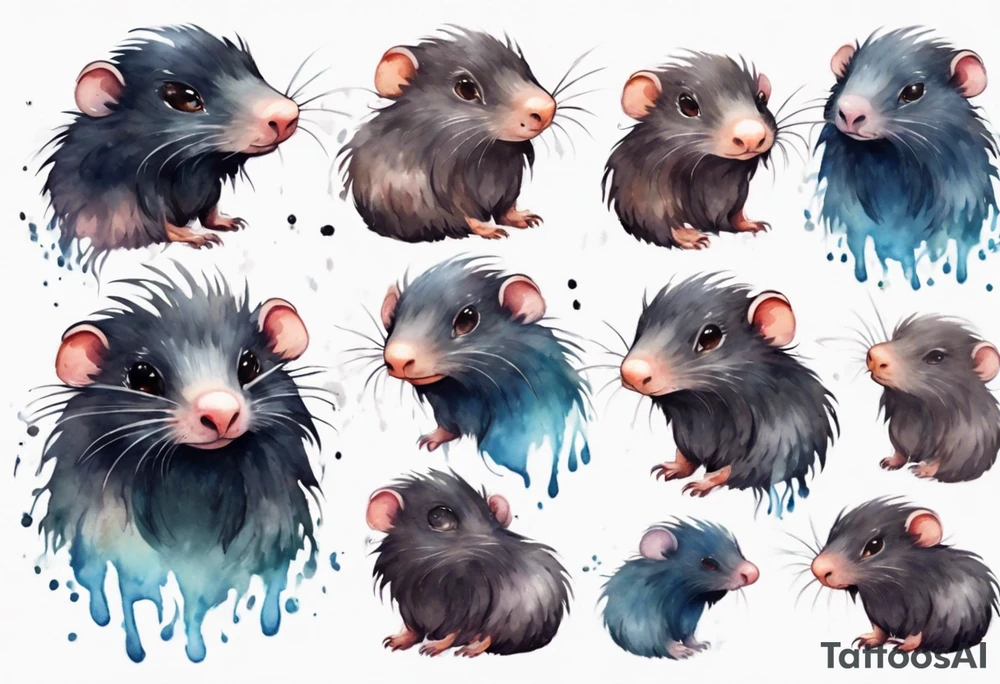 a giant mole with large dark eyes white glowing fur and messy of dark hair on its head tattoo idea
