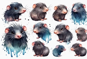 a giant mole with large dark eyes white glowing fur and messy of dark hair on its head tattoo idea
