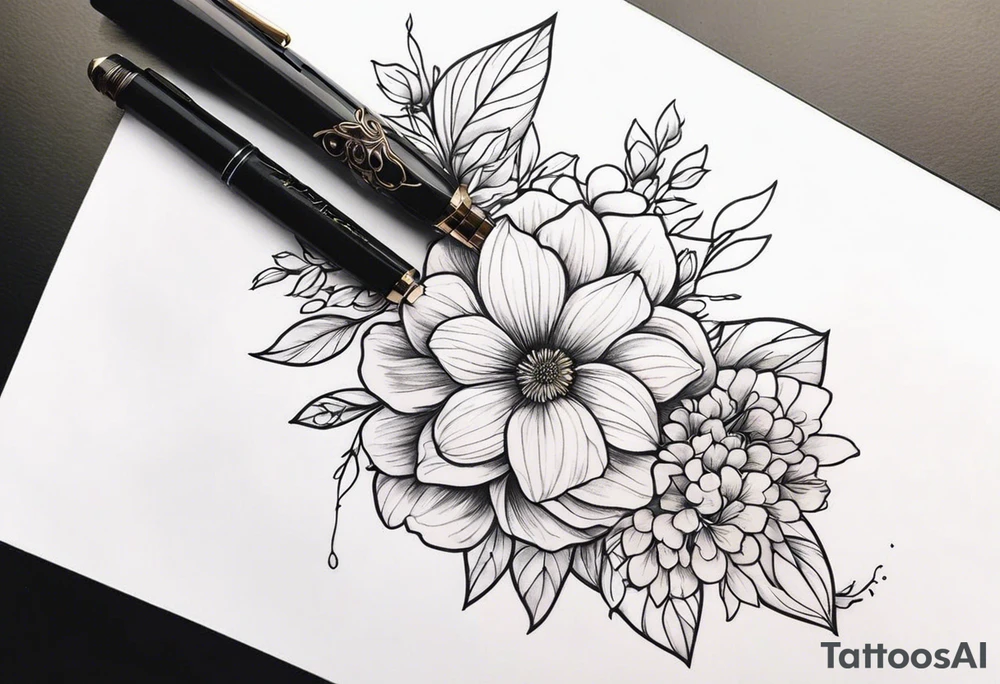 pen wrapped in flowers tattoo idea