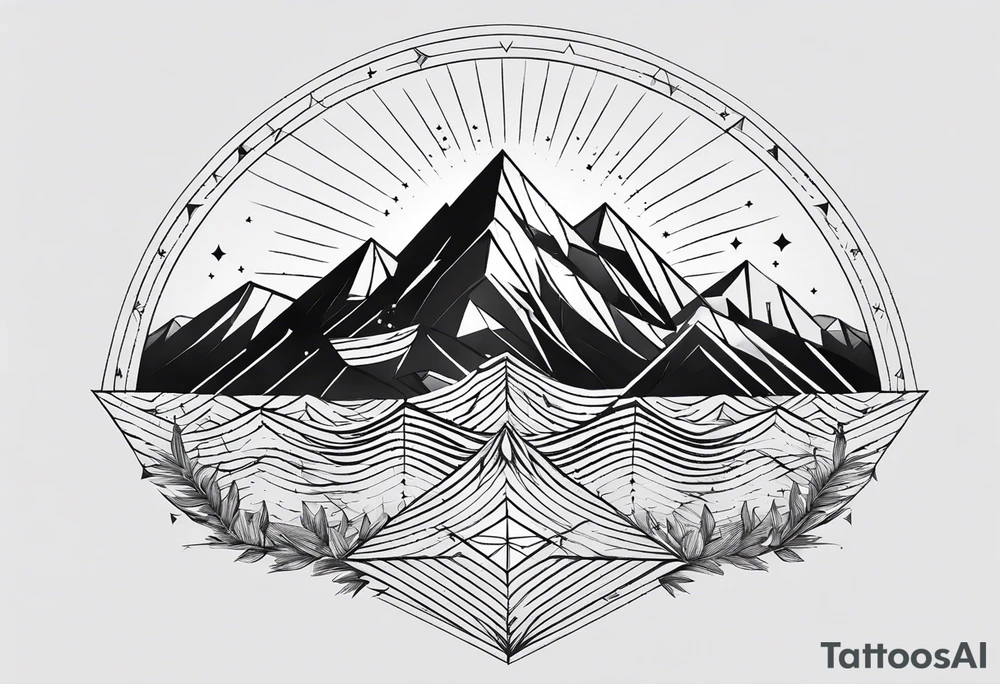Mountain Massif, one Peak, only peak surrounded woth semi circle dashed Line, in semi circle two littel fine Stars, waves overlapping in Side, Open geometrical Forms Like Diamond with Open lines tattoo idea